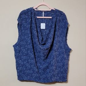 NWT Free People Oversized Blue Crochet Floral Lace Cowl Neck Top, Size Small